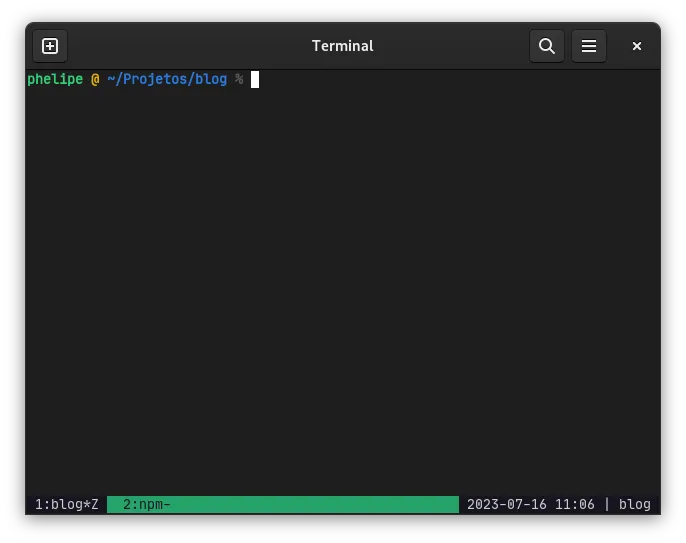 A zsh shell session with the prompt showing 'phelipe @ ~/Projetos/blog %' but now with colors