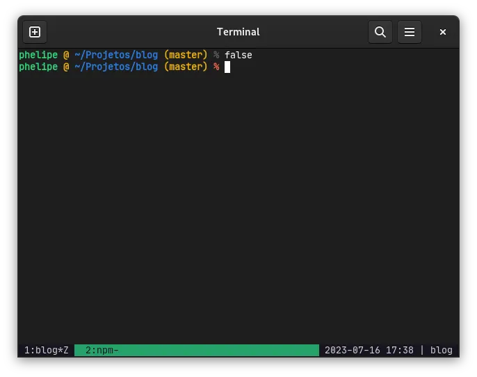 A zsh shell session with a prompt with the '%' text in red because the last command execute was 'false'