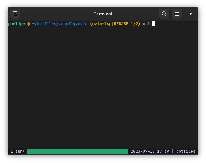 A zsh shell session with a prompt with git integration, showing the text '(master|REABASE 1/2)'