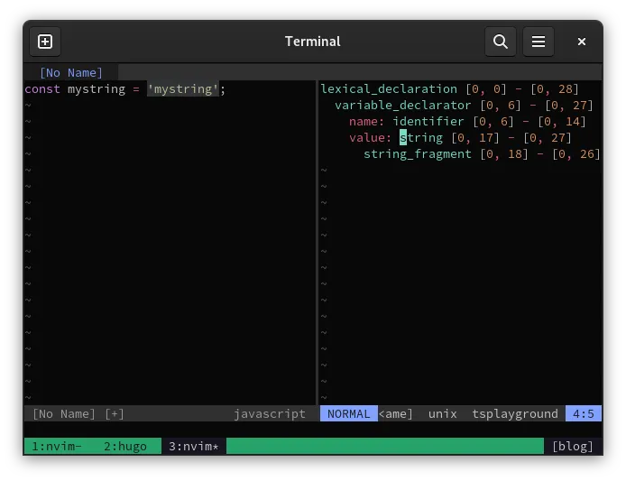 A screenshot of neovim's syntax tree representation of a JavaScript program, as implemented in nvim-treesitter's playground plugin.